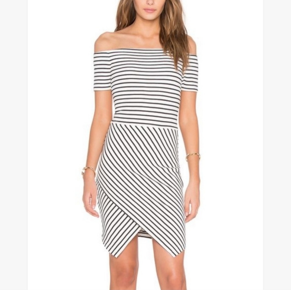 1.State Womens Off the Shoulder Striped Tulip Wrap Midi Dress White Black Size S